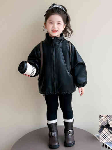 BALA suitable for girls velvet leather jacket 2025 autumn and winter fashionable and cool baby girl motorcycle style wallet velvet rabbit mink coat 90cm