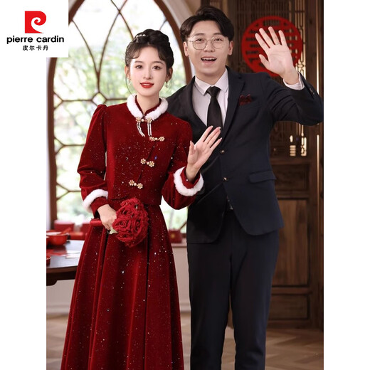 Pierre Cardin New Chinese Toast Wear 2025 New Bride Autumn and Winter Wedding Red Engagement Dress Skirt Women Winter Velvet Cheongsam Burgundy Winter XS
