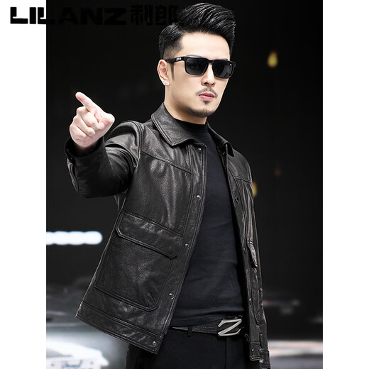 Lilang's new Haining first-layer cowhide men's genuine leather jacket short slim fit down liner motorcycle leather jacket for men black (removable/down liner) 3XL (150-165Jin Jin equals 0.5kg)