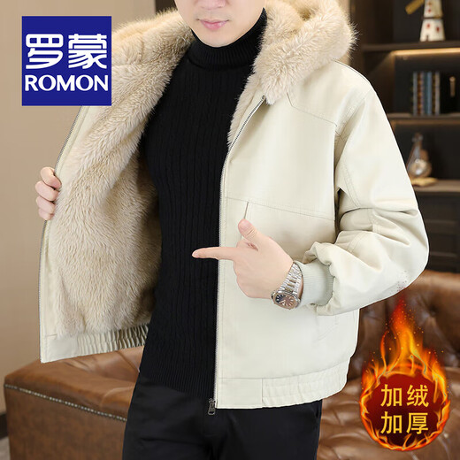 ROMON Hooded Mountain Carving Leather Jacket Men's Winter New Trendy Casual Plush Velvet Thickened Warm Fashion Motorcycle Jacket Black XL 125-140Jin Jin equals 0.5 kg