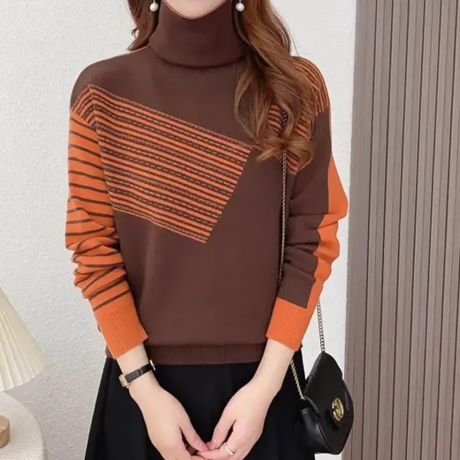 Authentic counter product, fashionable design, two-wear autumn and winter turtleneck, color-blocked, thickened inner sweater, orange brown L (recommended 120-140 Jin Jin equals 0.5 kg)