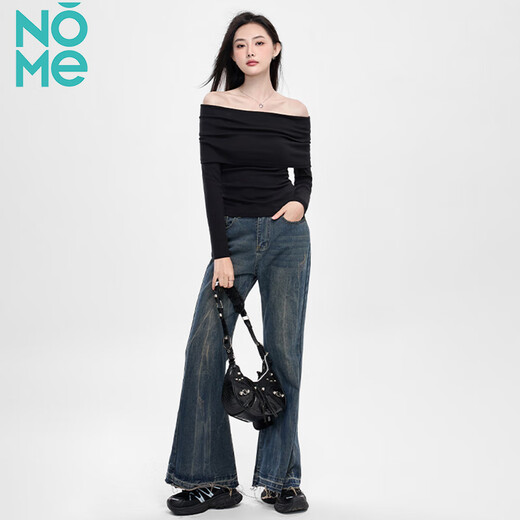 NOME long-sleeved women's spring and autumn new high-end black off-shoulder one-shoulder pure desire bottoming top black S
