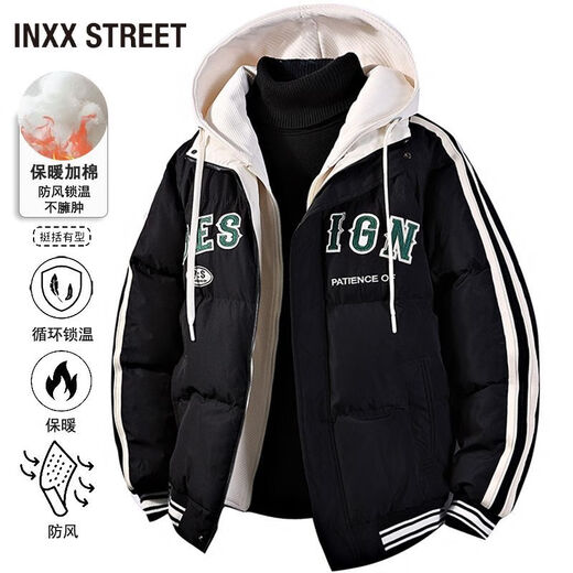Inxx (inxx) INXX STREET American fake two-piece hooded cotton coat in winter, thickened warm cotton coat, handsome jacket and cotton-padded jacket, black L recommended 110-130Jin Jin equals 0.5 kg