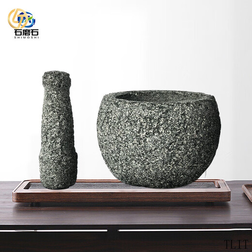 TLIT natural bluestone stone mortar garlic pounder household medicine jar garlic masher tea dipping grinder retro tea art ornaments outer diameter 16/CM suitable for home use