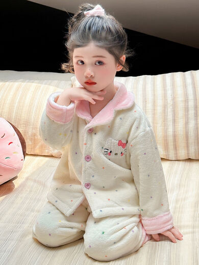 BALA suitable for girls autumn and winter pajamas set 2025 new baby girl children's winter plus velvet thickened home color dots 90cm