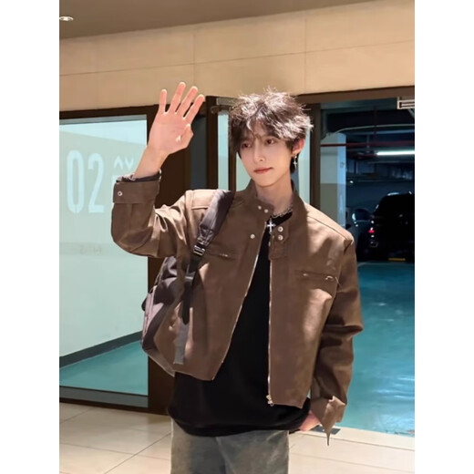 Fat Donglai Supermarket purchasing the same style leather jacket Maillard wear high street handsome jacket men retro brown PU dark brown high quality 2XL