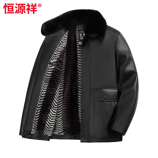 Hengyuanxiang winter velvet thickened leather jacket men's fur collar dad warm jacket middle-aged and elderly winter leather jacket men black 4XL 195