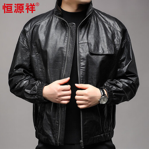 Fat Donglai supermarket purchasing leather jacket for men in spring and autumn new style windproof and warm fur loose machine jacket for men, same style, black M
