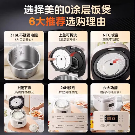 美的（Midea）电饭煲 无涂层家用小型1-2-3人智能电饭锅蒸煮炖一体多功能小电锅 RC201S【0涂层】更健康 2L