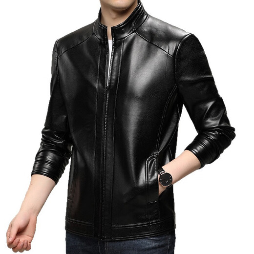 KBXNG Jinba business men's leather jacket stand collar casual autumn and winter jacket young and middle-aged pu leather jacket versatile trendy top brown M 170