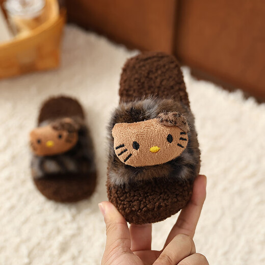 ABCTX leopard print children's furry slippers cute cat home autumn and winter new non-slip warm baby girl's cotton slippers leopard print brown--kt cat 24 25 (inner length 16cm)
