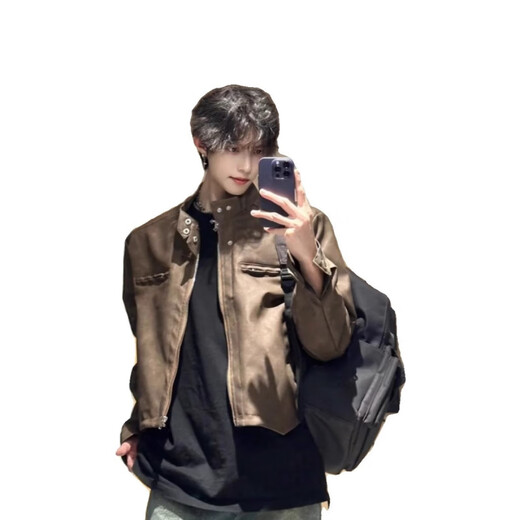 Fat Donglai Supermarket purchasing the same style leather jacket Maillard wear high street handsome jacket men retro brown PU dark brown high quality 2XL