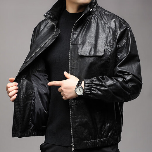 Fat Donglai supermarket purchasing leather jacket for men in spring and autumn new style windproof and warm fur loose machine jacket for men, same style, black M