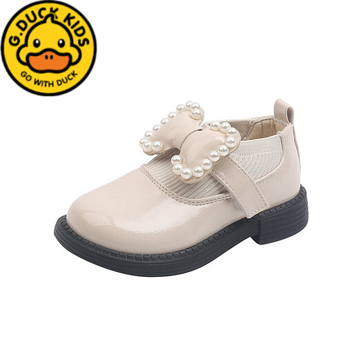 G.duck girls' shoes 2025 spring and autumn new style pearl bow girls princess shoes soft sole leather shoes black performance shoes off-white 25 inner length 15.5cm