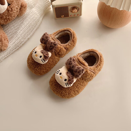 2025 new winter girls' KT cat warm Birkenstock shoes for children, versatile non-slip plus velvet baby plush cotton shoes, camel color, size 21/inner length 13.3cm