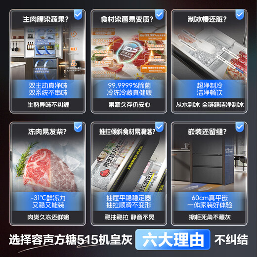 Rongsheng Cube Sugar 515L French-style multi-door refrigerator dual system ultra-thin zero-embedded household automatic ice making first-level energy efficiency BCD-515P60FZNAD gray national subsidy World Cup 60cm true zero-embedded | bottom cooling ultra-clean automatic ice making
