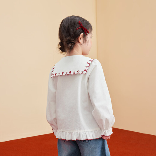 Xiaoyinman children's clothing girls pure cotton shirt wavy navy collar 26 spring small flower embroidered top for children and girls off-white 130