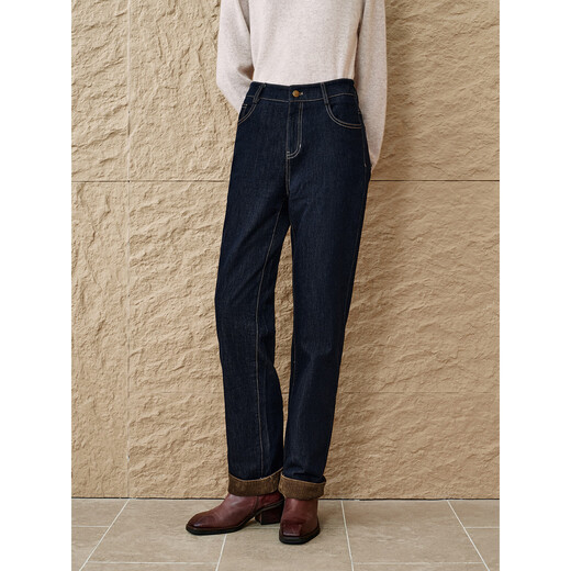 INSUN's special selection of winter turned-over hem stitching high-waisted straight denim down pants, deep sea blue S
