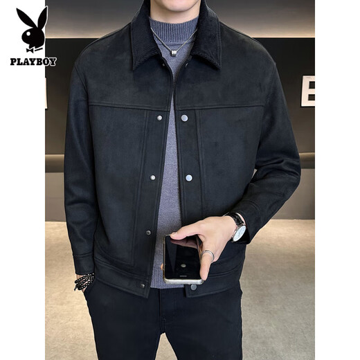 Playboy Suede Jacket Men's Autumn and Winter 2025 New Casual Gown Spliced Velvet Thickened Leather Jacket Men's Leather Jacket Gray Velvet L