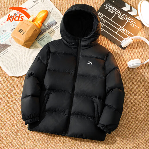 ANTA Chaqueta de plumón para niños y niñas 2025 Invierno Nueva Chaqueta de pan para niñas con capucha deportiva gruesa y cálida Básica Negro 80% Plumón 165 Relleno de plumón 136g