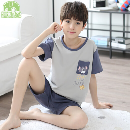 曼妮朵男童睡衣夏季新款短袖男孩纯棉儿童大童全棉薄款青少年家居服套装 N6621【双短】 160 M码建议155-160cm