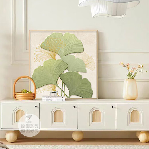 Shunjixianggli Cream Style Restaurant Dekoration Gemälde Ginkgo Blatt Küche Esstisch Hintergrund Wand Wandmalerei Log im kleinen frischen Esszimmer Hängende Malerei G3892 70*70 Kristallporzellan Aluminiumlegierung Gold Rahmen