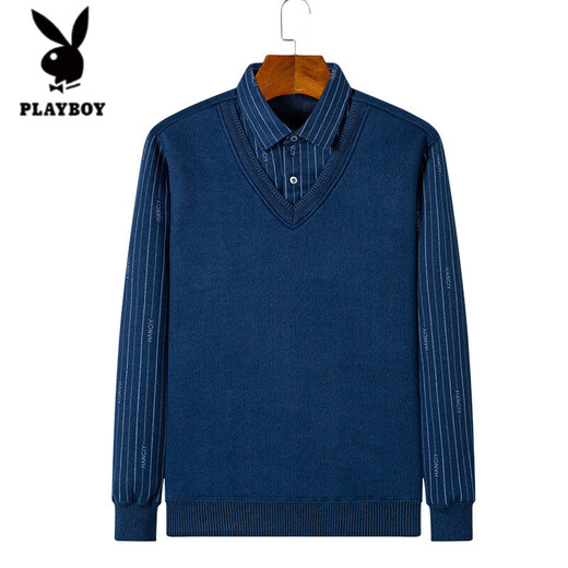 花花公子冬季男士保暖衬衫中青年纯棉假两件针织打底衫毛衣男加绒加厚上衣 M959 3XL (推荐160-178斤)