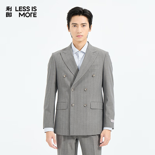 Lilang Youth Business Men's Striped Double-Breasted Suit Men's Stretch Anti-Wrinkle Easy-Care Two-piece Suit Gray Coffee (1YA) 185A