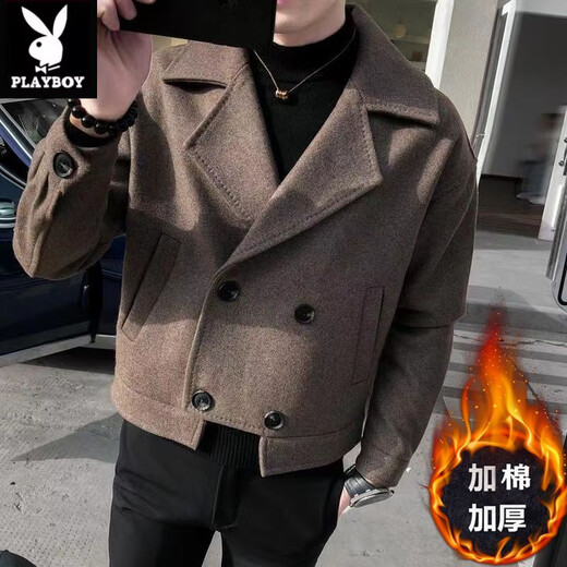 Playboy (PLAYBOY) Lapel Windbreaker Men's 2025 New Autumn and Winter Woolen Coat Men's Trendy Versatile Handsome Woolen Coat Coat Brown XL 130-140Jin Jin equals 0.5 kg