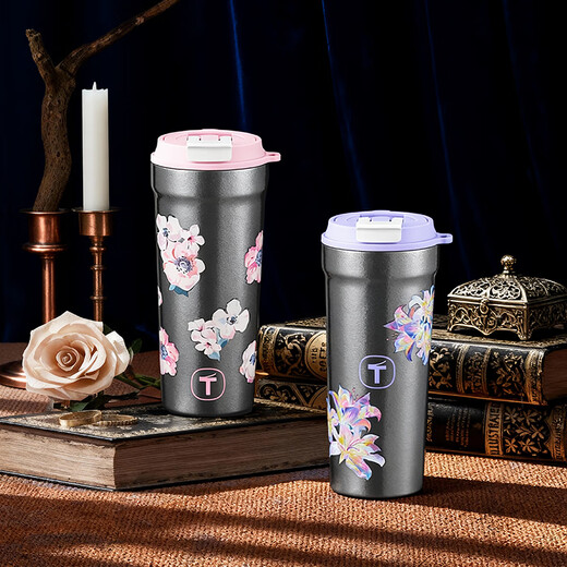 Tupperware pure titanium thermos cup coffee cup inside and outside high-looking portable water cup with handle cup outdoor/picnic/camping titanium cup flower powder-650ml