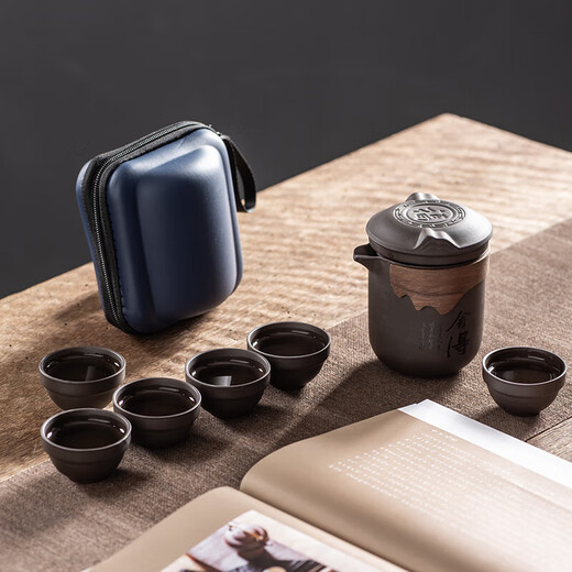 Purple sand color changing teapot travel tea set Kung Fu Kuai Ke tea light luxury portable cup tea water separation outdoor portable storage purple sand cat ears - color changing dragon and phoenix six cups + bag