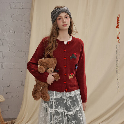 UNIFREE Qiji Red Christmas and New Year Sweater Women's Puppy Stretch Retro Round Neck Sweater Red One Size