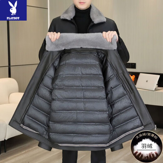 PLAYBOY 2026 New Men's Soft Leather Clothes Autumn and Winter Down Jackets Thickened Leather Jackets Men's Liner Removable Winter Leather Jacket Black Removable Liner 90 Velvet M 170/92A