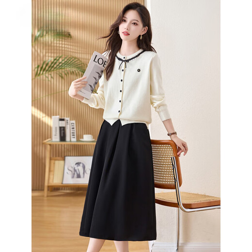 Ehangy international luxury high-end brand knitted dress for women 2025 autumn and winter new age-reducing fashion versatile skirt off-white (two-piece set) M