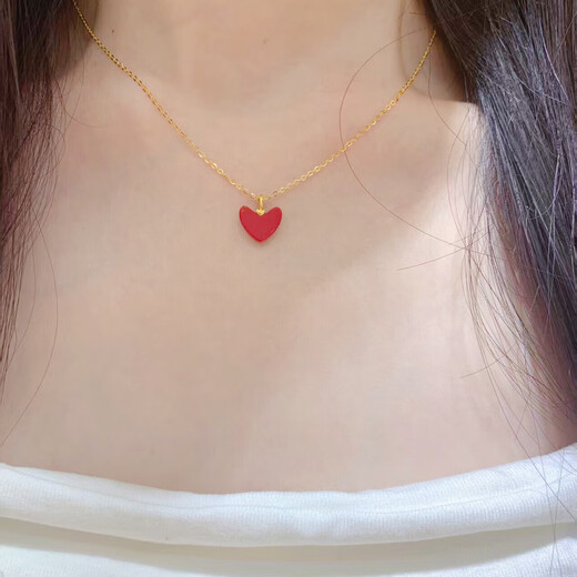 18K gold necklace, coral red, small red heart, heart-shaped pendant, birthday gift for girlfriend, small red heart necklace, female, yellow K chain
