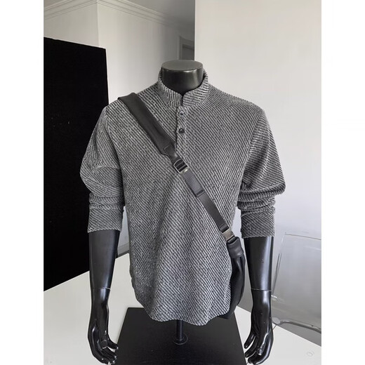 American style right shoulder Henry Polo shirt sweatshirt for men, spring and autumn top with trendy brand texture jacquard long-sleeved T-shirt for men, black L 100-120Jin Jin is equal to 0.5 kg