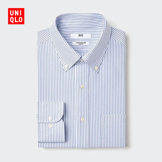 Uniqlo Мужская высокоэффективная облегающая трикотажная рубашка в полоску против морщин. Рубашка с длинными рукавами 478065 477171 478065/66 Синий M