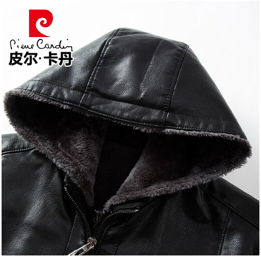 Pierre Cardin flagship store hooded removable velvet thickened men's leather jacket autumn and winter casual all-in-one velvet windproof warm leather jacket velvet black (hood removable) XL /180 size (recommended 130-145Jin Jin equals 0.5 kg)