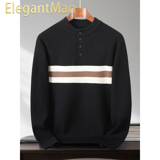 ElegantMan Half Turtleneck Sweater Men's Bottoming Sweater Autumn and Winter Casual Contrast Color Striped Henley Collar Trendy Sweater Light Gray S 165__ Suitable for 105-120Jin Jin equals 0.5 kg