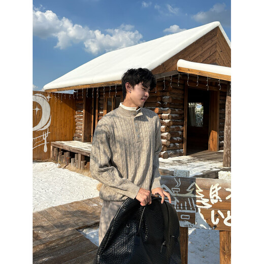 Fashionable Formula Lazy Style American Vintage Henry Collar Sweater Men's Loose Versatile Casual Sweater Trendy Navy S