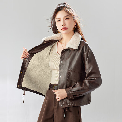 TERRE BLEUE Small velvet thickened leather jacket for women 2025 winter fashion high-end loose versatile jacket coffee color M