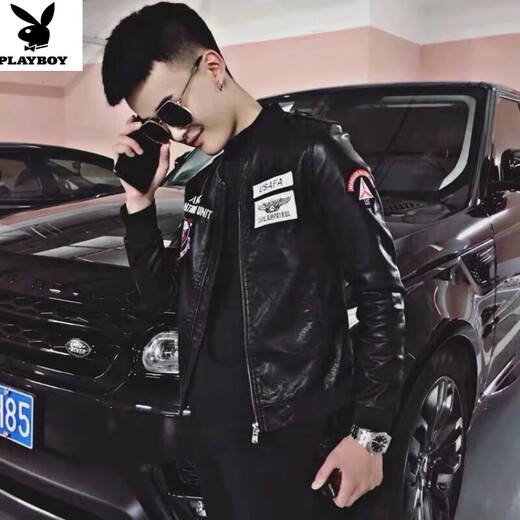 Playboy (PLAYBOY) Pilot Jacket Men's Motorcycle Handsome Leather Jacket Pi Shuai 2025 Spring and Autumn New Internet Celebrity Korean Slim Casual Jacket 8801 Black (High Quality, No Peeling) M Recommendation 85-110Jin Jin is equal to 0.5 kg