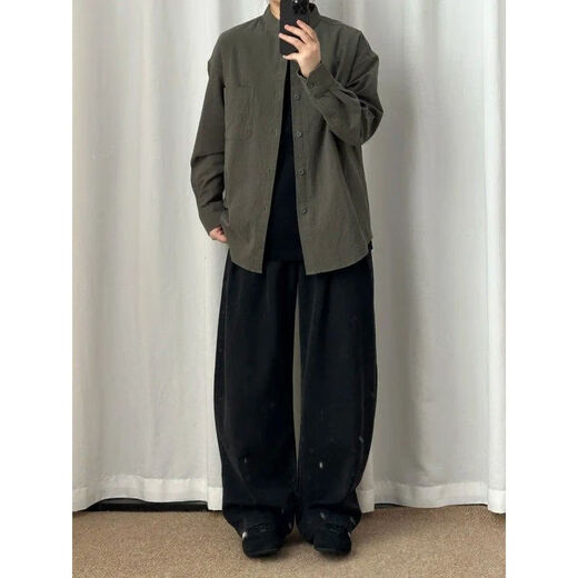 New Chinese style cotton and linen textured long-sleeved shirt for men in autumn Henry collar cardigan shirt drapey retro lazy jacket black upgraded version M