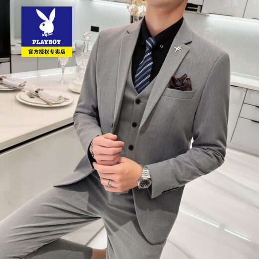 Playboy suit men's three-piece suit Korean version slim business formal casual small suit groom groomsman wedding dress 719/black two-piece suit + pants XL recommended 120-135Jin Jin equals 0.5 kg