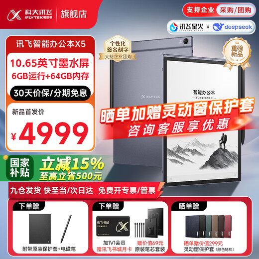 IFlytek smart office notebook X5/X5Pro flagship new product 10.65-inch ink screen e-book reader handwriting notebook tablet voice to text meeting records hot new product X5 Standard Edition 6+64G iFlytek local AI large model *DeepSeek dual engine driver