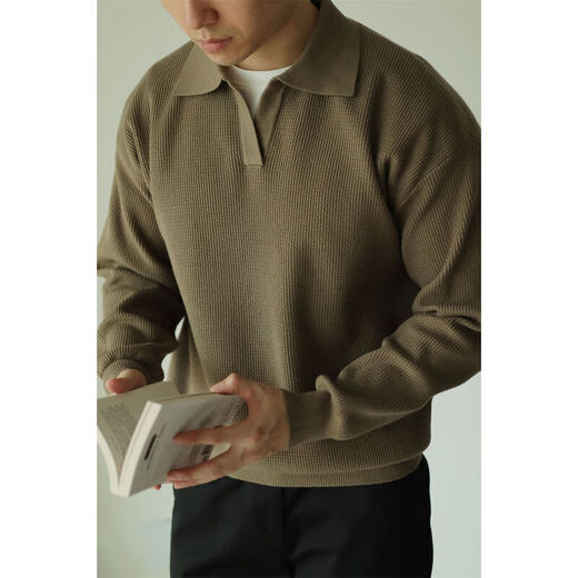 Kazuki Kuraishi KAZUKI KURAISHI autumn new V-neck sweater pullover heavy sweater yarn-dyed lapel long-sleeved POLO shirt casual light mature style for men off-white XL