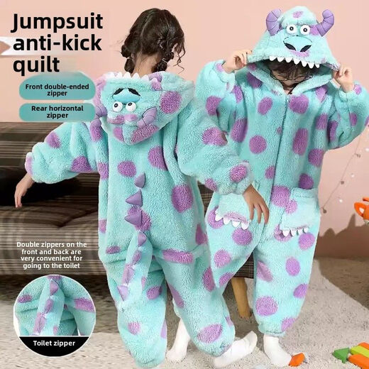 Girls one-piece pajamas winter thickened coral velvet girls cute flannel children's anti-kick and anti-cold sleeping bag one-piece SDM 81277 Lingna-grey 105 size 8 height 90-105 weight 24-34Jin Jin is equal to 0.5 kg