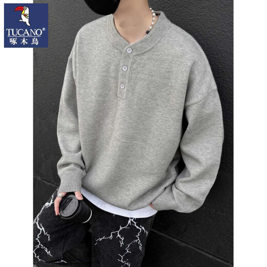 Woodpecker American Henry Collar Sweater Men's Autumn and Winter New High-end Lazy Style Knitted Sweater with Bottoming Shirt for Men Light Gray 3XL (Recommended 145-160 Jin Jin equals 0.5 kg)