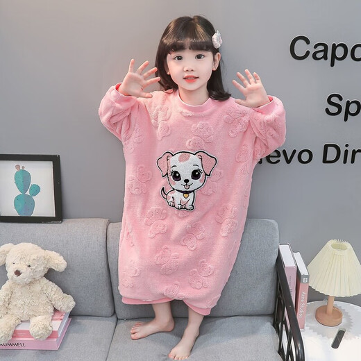 Girls autumn and winter flannel nightgown baby girl home clothes cute children girls coral velvet pajamas thickened sleeping bag off-white high density jacquard bear nightgown 90