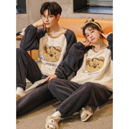 Langsha Autumn and Winter Coral Velvet Pajamas Couple Style Sweet Cartoon Plus Velvet Thickened Winter Men and Women Warm Flannel Suit Coral Velvet Round Neck Suit-HMF7908 2XL Male Recommended 150-170 Jin Jin equals 0.5 kg